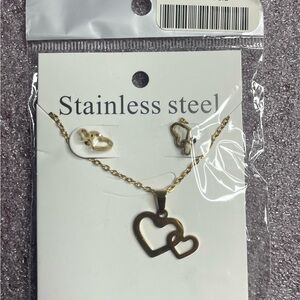 Double Heart Gold Stainless Steel Necklace and Earrings Set